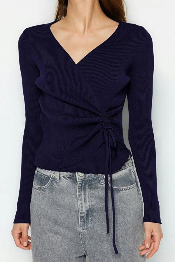 WOVCOR Double-Breasted Knit Sweater with Gathering Detail
