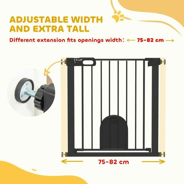Black pet safety gate with cat flap and round pressure mounts, width indicated