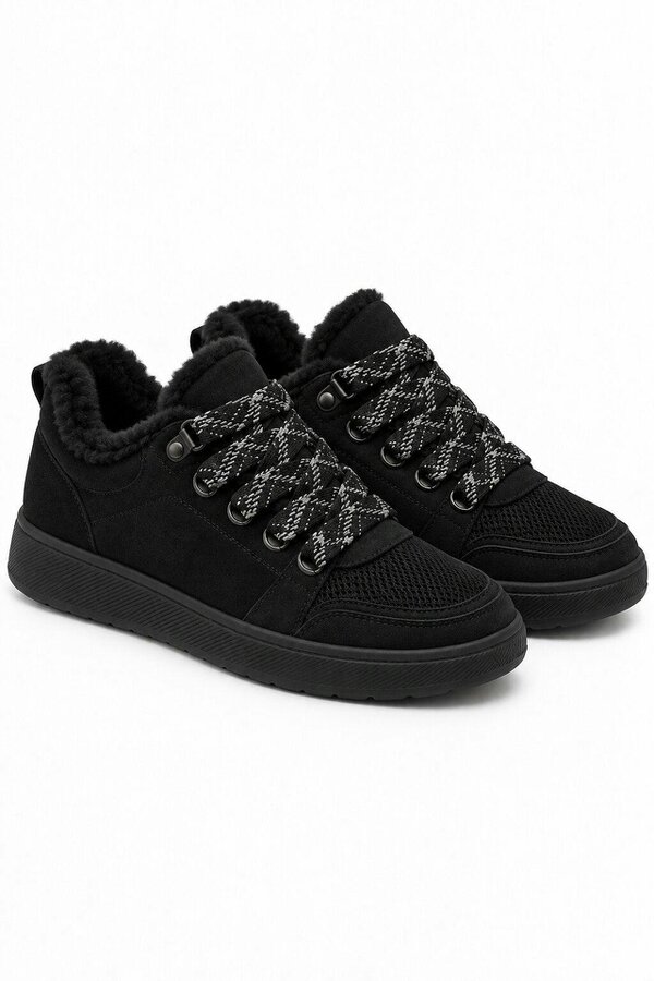 Love Lemonade Hudson Comfort Faux Suede Check Lace Faux Fur Lined Trainers Black
