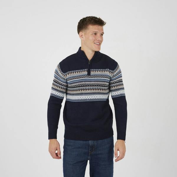 Brave Soul Navy Quarter Zip Fair Isle Jumper - Navy Image 1