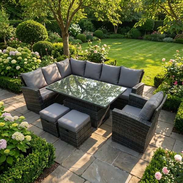 Fimous 9 Seater High Back Rattan Garden Corner Sofa Set with Adjustable Table, 2 Footstools, 1 Chair - Dark Mixed Grey