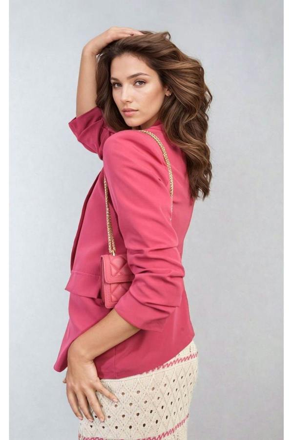 Valerie Ruched Sleeve Open Front Blazer Jacket With Front Pockets - Fuschia