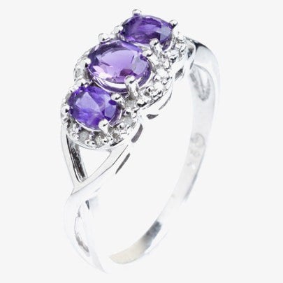 T. H. Baker 9ct White Gold Amethyst and Diamond Triple Cluster Twist Ring 51Y38WG/2-10