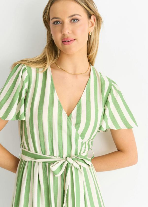 Gini London Sage Green Stripe Wrap Belted Viscose Midi Dress