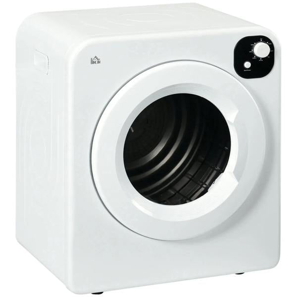 White countertop tumble dryer with front door window and control dial