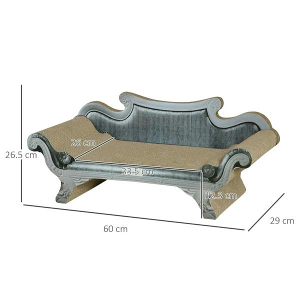 Brown cardboard cat scratching lounger with size measurements shown on the product