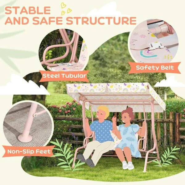 Kids Garden Swing Chair with Adjustable Canopy, Safety Belt, 2 Seater Hammock Swing Bench for Patio, Porch, Pink