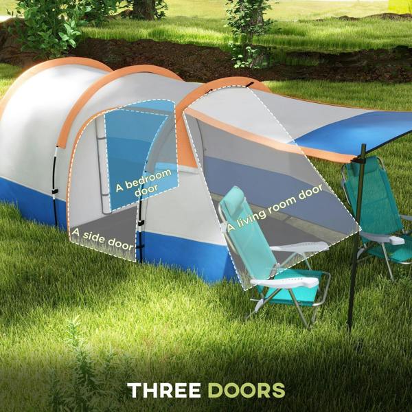 Orange and blue tunnel camping tent with side and front door openings