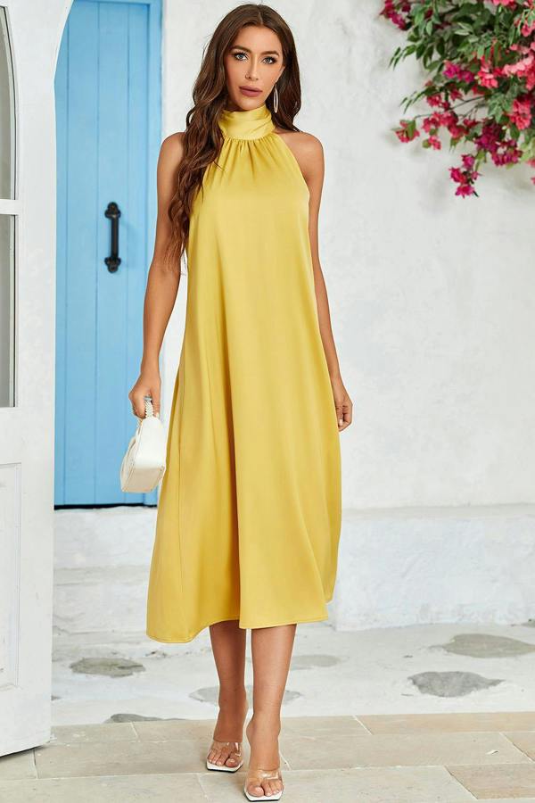 FS Collection Satin Halter Neck Tie Back Midi Dress In Yellow
