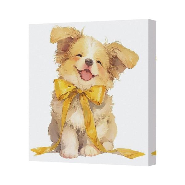 Benjamin Tate Design Cute Puppy Canvas Art Print With Yellow Bow On Deep Wood Frame Handmade In UK