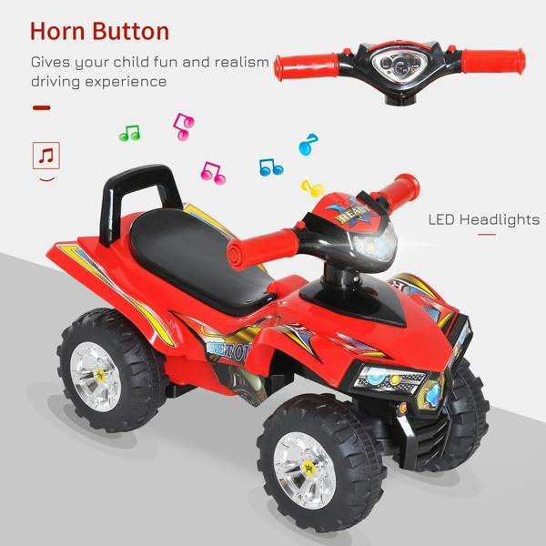 Red kids ride-on quad bike with bright front lights and black handlebar