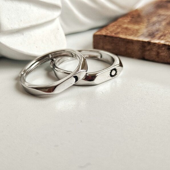 The Colourful Aura Flat Top Moon and Sun Promise Couple Matching Ring Set