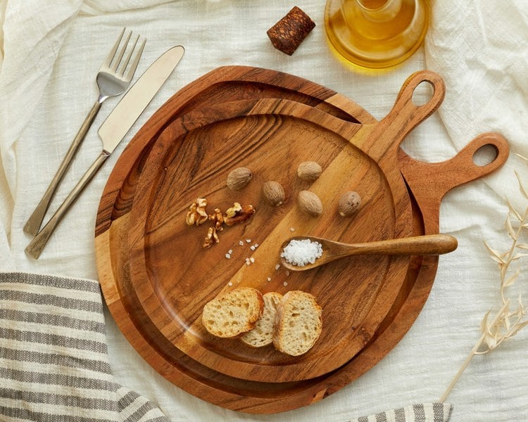 Modern Round Wood Serving Tray with Handles from What a Host Home