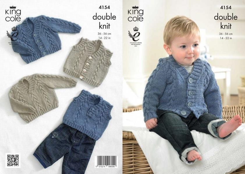 King Cole Baby Knitting Pattern 4154, Waistcoats, Tops, Cardigans, Slipovers, Sweaters for Baby, 14 - 22 Inches - Advanced