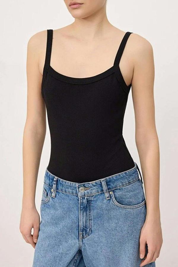 WOVCOR Fitted Pool Neck Thin Strap Long Ribbed Stretch Knit Bodysuit
