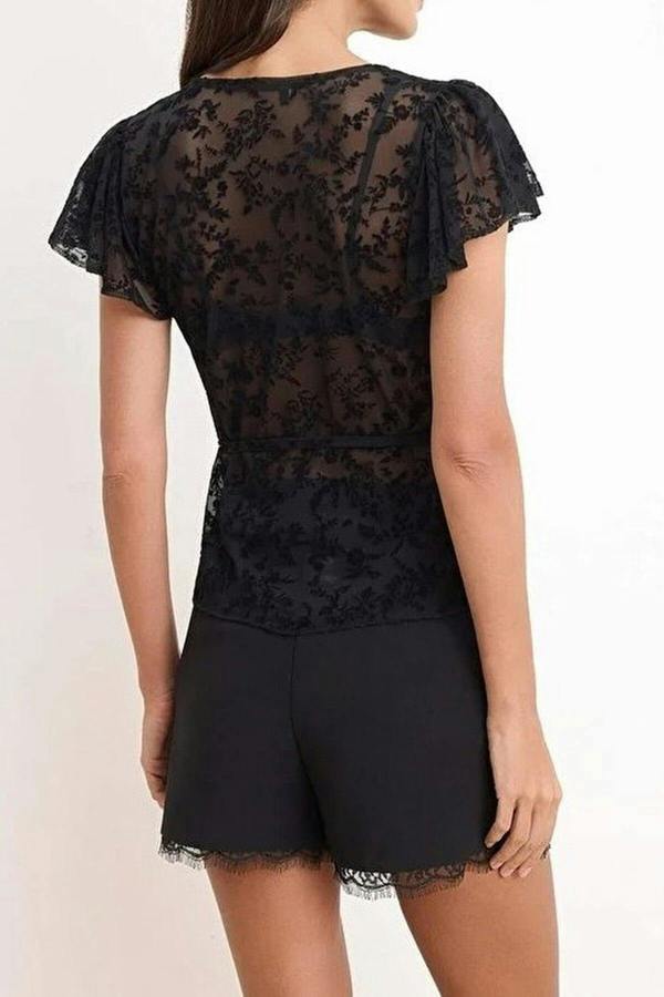 Fitted Wrap-Around Long-Sleeve Knitted Blouse