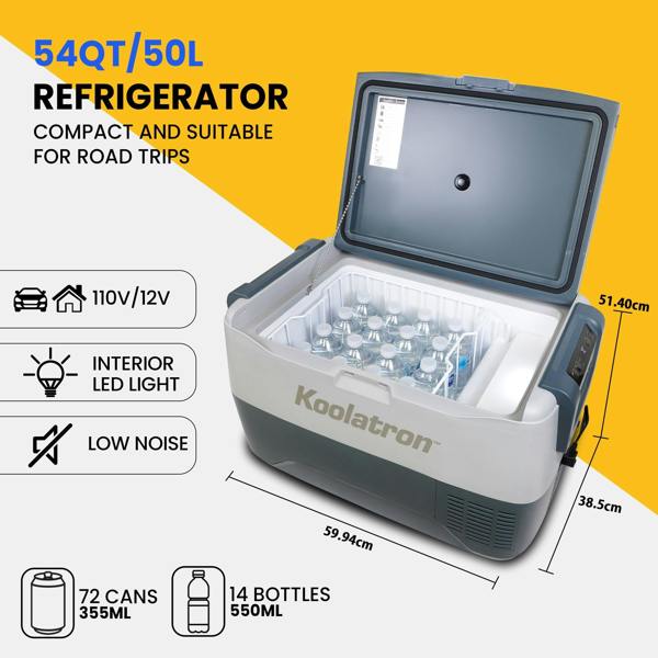 Koolatron Fridge Freezer Electric Cool Box 50L Cooler Box Portable 12v Camping Car Fridge For Campervan Perfect for Road Trips Compressor Cooling
