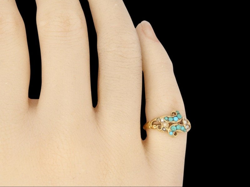 Vintage Tom A Victorian turquoise and pearl dress ring