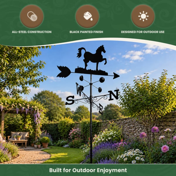 Horse Steel Weathervane, Black Painted All-Steel Weather Vane With Wall Fixings and 1.7m Ground Spike, Wind Speed Cups