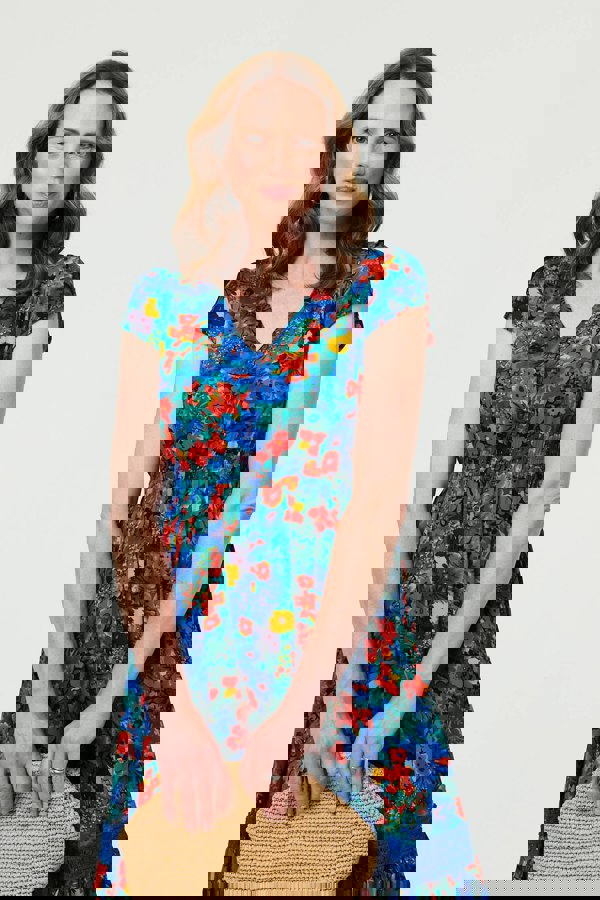 Blue | Floral Lace Trim Cap Sleeve Midi Dress
