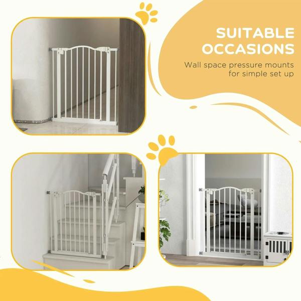 White wall-mounted pet gate with swing door and vertical safety barrier panels