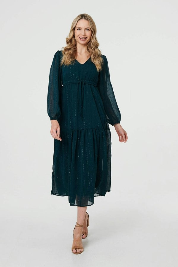 Green | Sparkly Semi Sheer Long Sleeve Midi Dress
