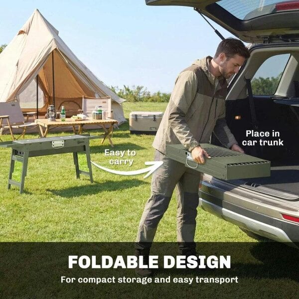 Bobobiy Portable BBQ Grill, Foldable Charcoal Grill for Camping and Picnics with 2 Side Shelves and Handle, Green