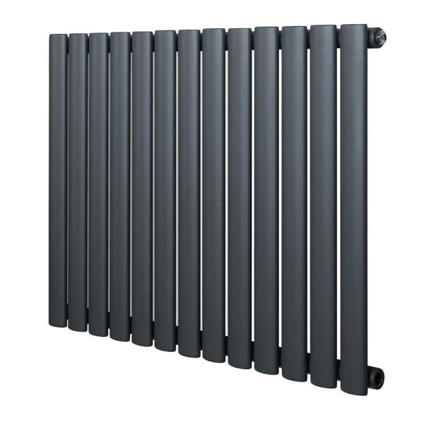 Oval single column radiator in anthracite grey, featuring a sleek, modern design with smooth, matte finish and vertical bars