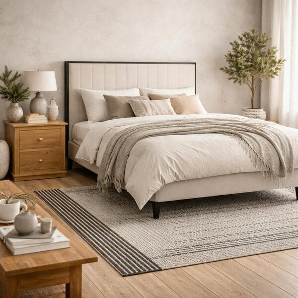 Wyld Haus Killarney Cream and Black Upholstered 4ft6 Double Bed with Tall Ribbed Headboard