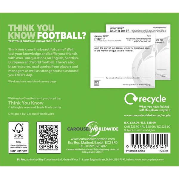 Think You Know Football? Desk Calendar 2027, Desk Calendars, Day To View, Sports, Gift