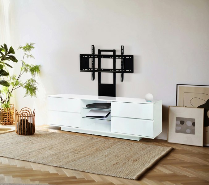 Centurion Supports Avitus Gloss White with 4-White Drawers and 3-Shelves up to 65" LED, LCD, Plasma TV Stand with Mounting Arm