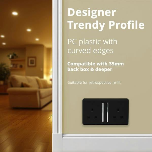 Trendi Switch 2 Gang Long Switched Plug Socket in Matt Black