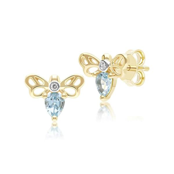 Gemondo Honeycomb Art Nouveau Pear Shape Topaz and Diamond Bee Stud Earrings in 9ct Yellow Gold