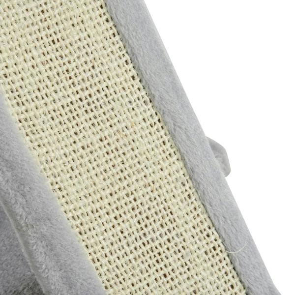 Close-up of light beige sisal scratching board with grey edging on a cat tree ramp