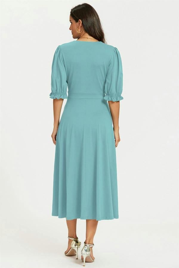 FS Collection Half Sleeves Jersey Midi Dress with Wrap Neckline In Grey Blue
