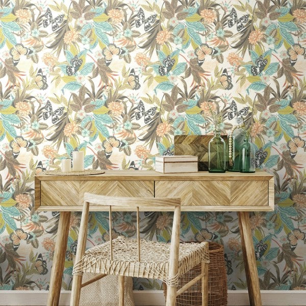 Hoopla Walls Paradise - Moss & Peach 10m Wallpaper