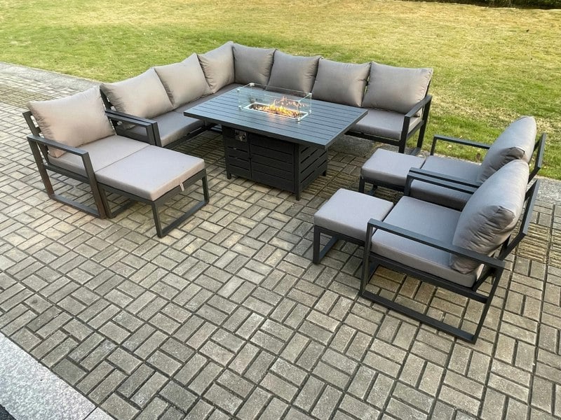 Fimous Aluminium 11 Pieces Garden Furniture Corner Sofa Set with Cushions Gas Fire Pit Dining Table Set with 3 Chairs 3 Footstools Dark Grey