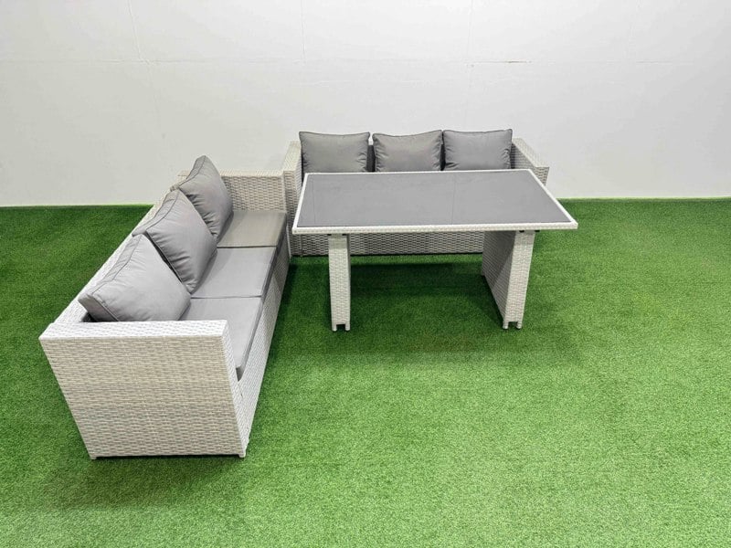 Fimous Rattan Garden Furniture Dining Set 6 seater Patio Rectangular Table Sofa Set Light Grey