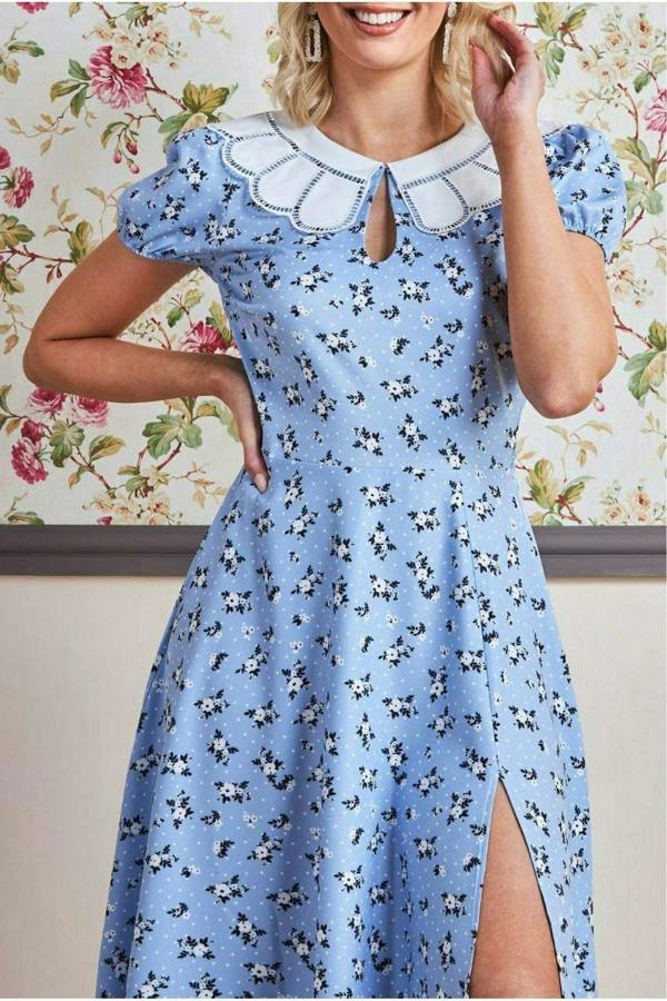 Printed Midi With Front Split - Powder Blue DR3356