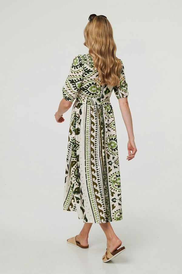 Green | Printed 1/2 Sleeve A-Line Midi Dress
