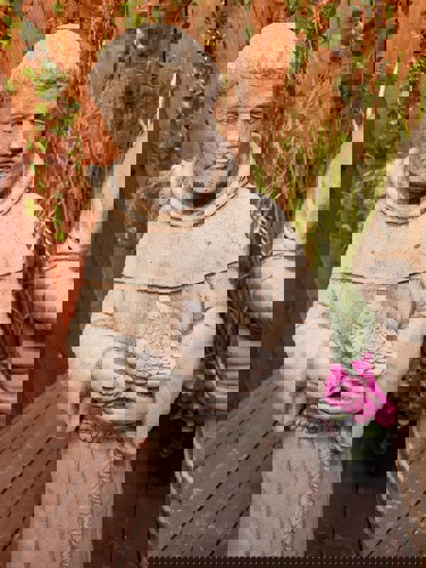 Stone Cast statues of Mary with Child and St Francis