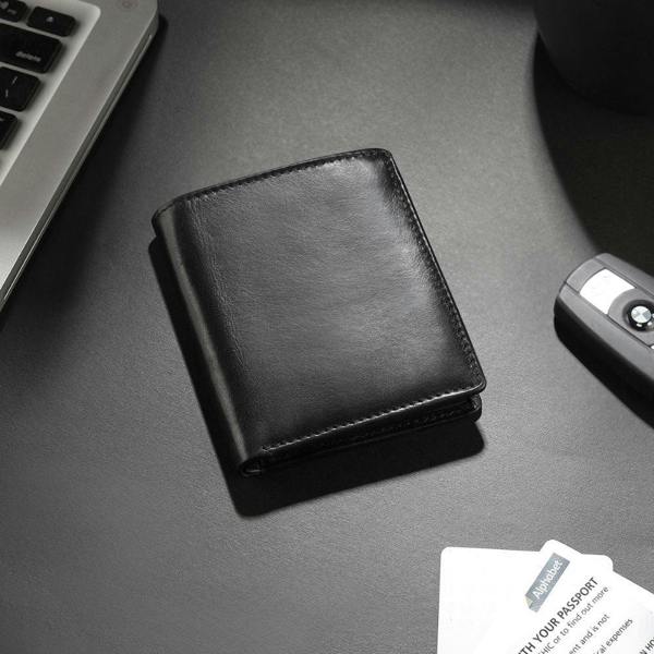 flat lay view of black leather  wallet for men nico tuscan