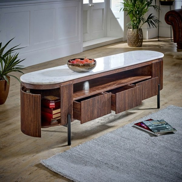 IH Design Miel Mango Wood Large TV Stand With Marble Top & Metal Legs
