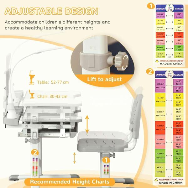 Grey kids study desk and chair set infographic showing lift-to-adjust height