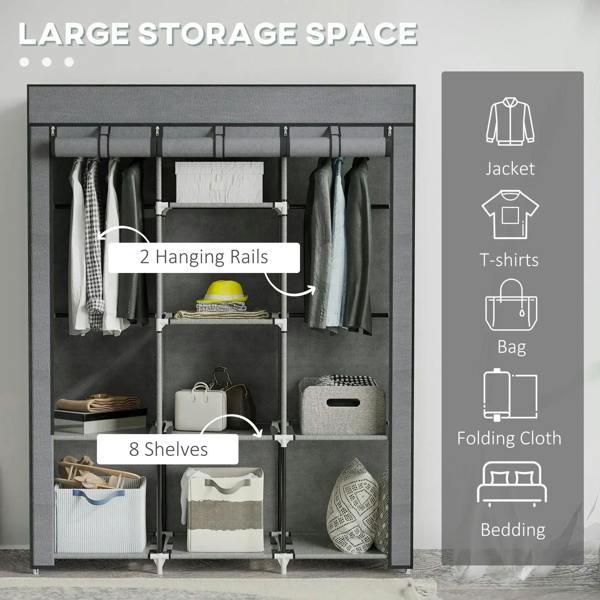 Dark grey fabric wardrobe with two hanging rails and 8 storage shelves shown