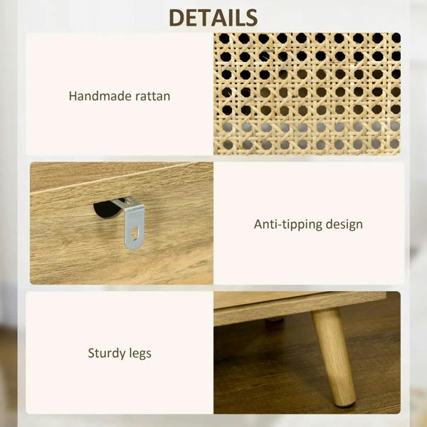 Rattan cabinet door detail and black pull on a natural wood bedside table