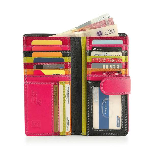 Black bifold purse with various cards and money on a white background