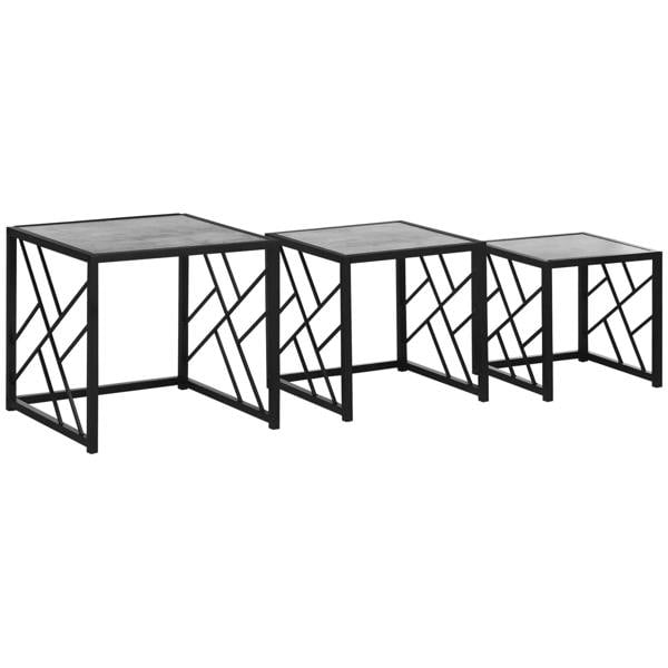 Set of 3 nesting square coffee tables with black metal frames and grey tabletops