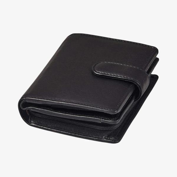 Compact black ladies trifold purse crafted from real leather