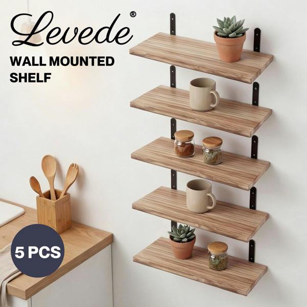 Levede Floating Shelves Wood Wall Mounted Shelf Rustic Set of 5 Light Brown